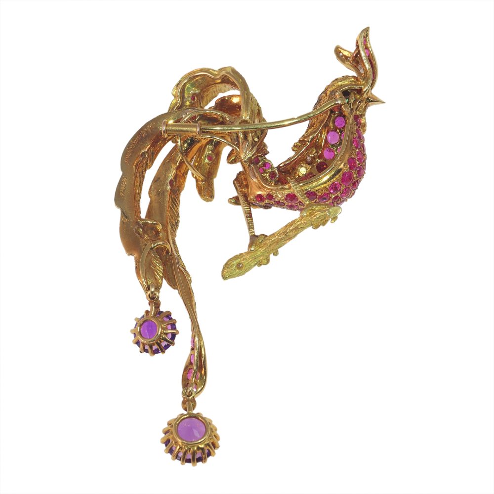 Vintage 1960s Diamond Ruby Amethyst Bird Brooch by Jean-Claude Champagnat