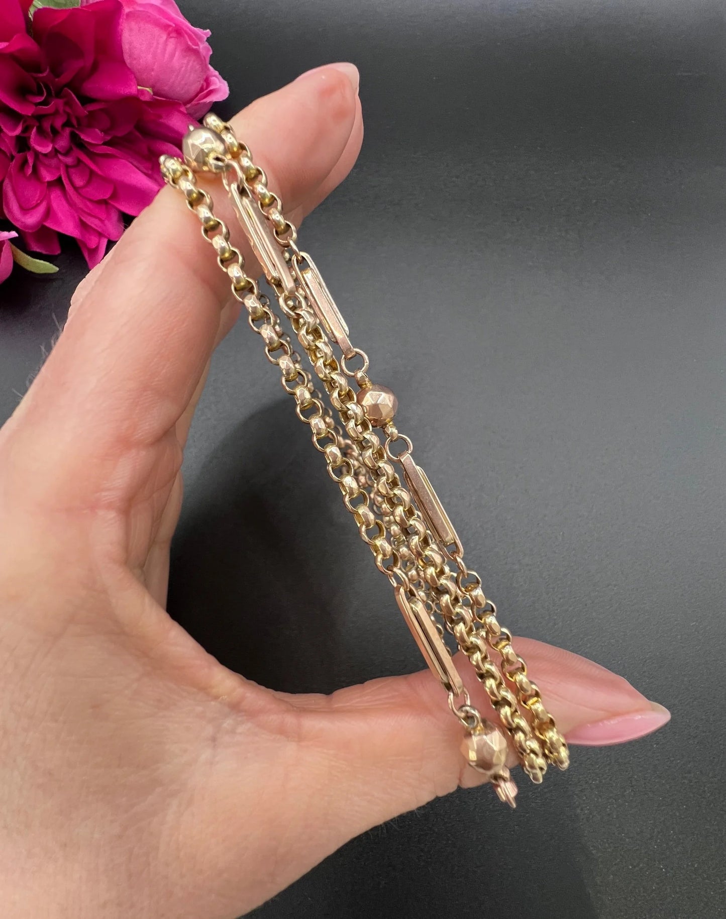 Antique 9ct Rose Gold, Edwardian Fancy Paperclip & Ball Link Belcher Chain 30 Inch