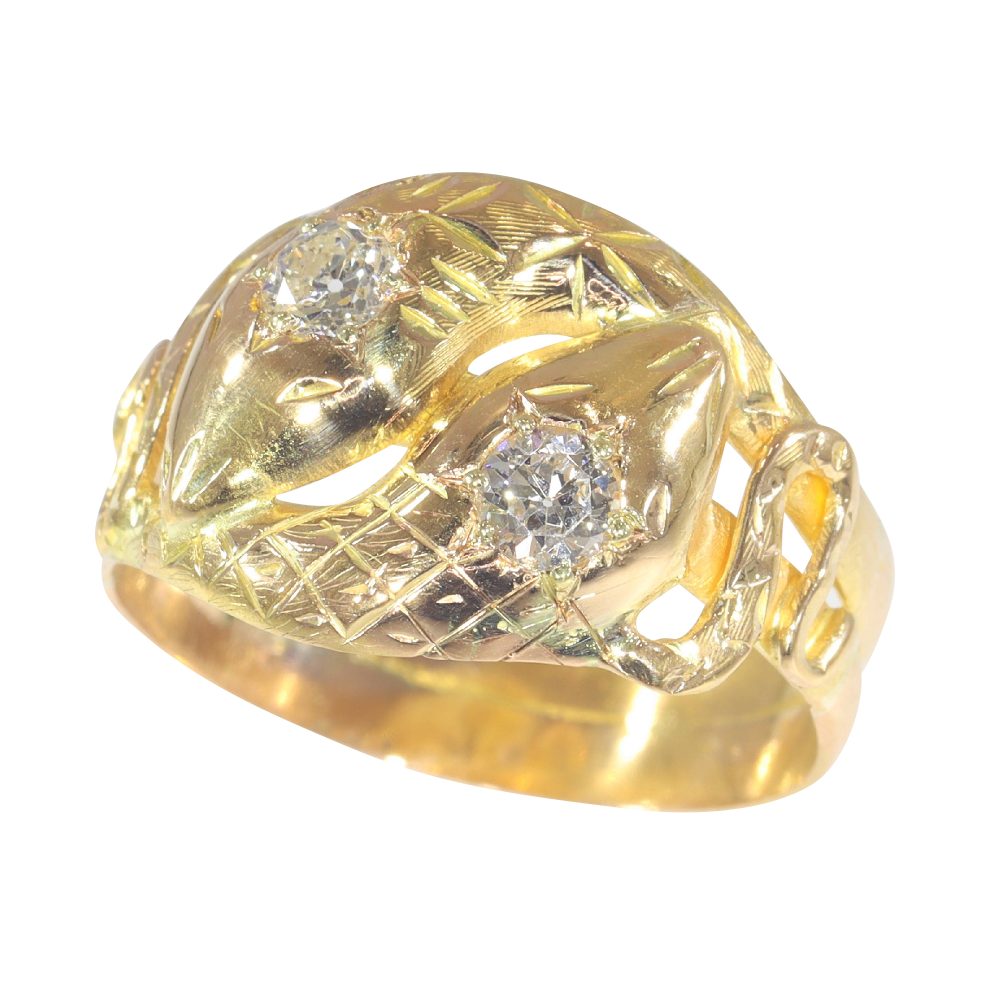 A Double Serpent Old Cut Diamond Ring In 18 Carat Yellow Gold