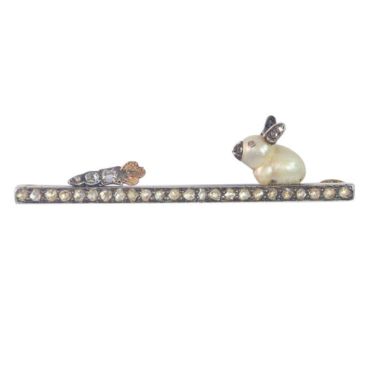 Late Victorian Antique Diamond Bar Brooch Depicting Baroque Pearl Rabbit with Diamond Carrot