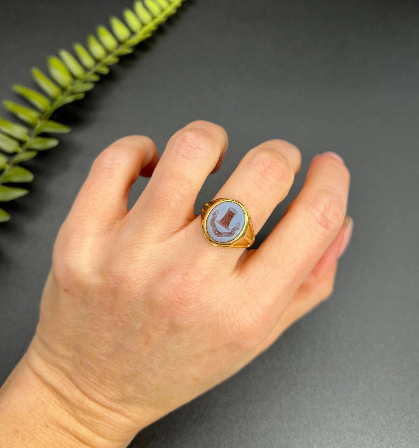 Antique 18 Carat Yellow Gold Sardonyx Seal Crest Signet Ring, Circa 1900