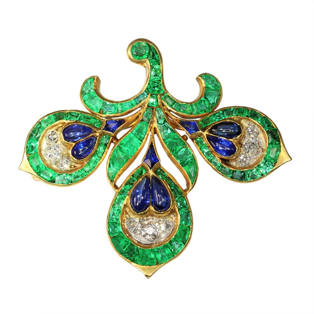 Antique French Emerald Sapphire Diamond Fleur de Lis Brooch