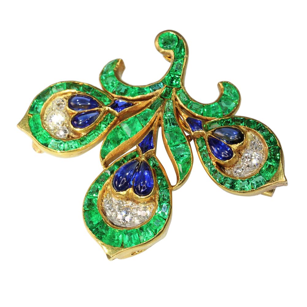 Antique French Emerald Sapphire Diamond Fleur de Lis Brooch
