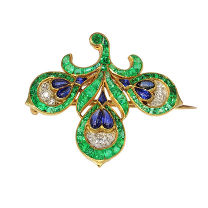 Antique French Emerald Sapphire Diamond Fleur de Lis Brooch