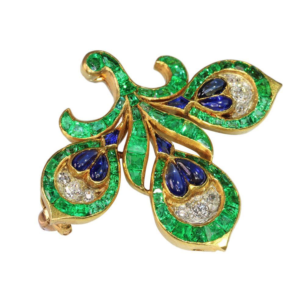Antique French Emerald Sapphire Diamond Fleur de Lis Brooch