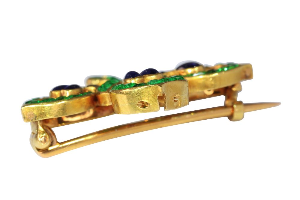 Antique French Emerald Sapphire Diamond Fleur de Lis Brooch