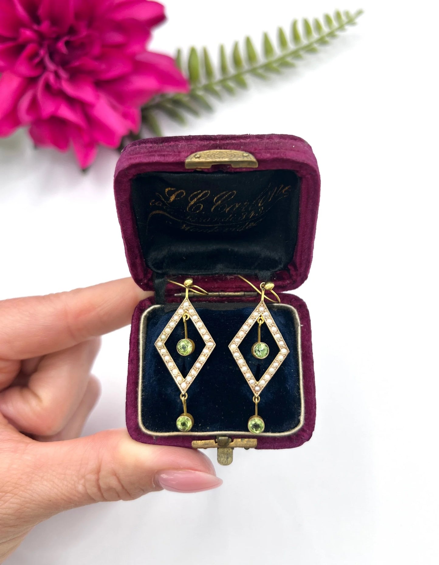 Edwardian 9 Carat Gold Peridot and Seed Pearl Drop Earrings, Circa 1910