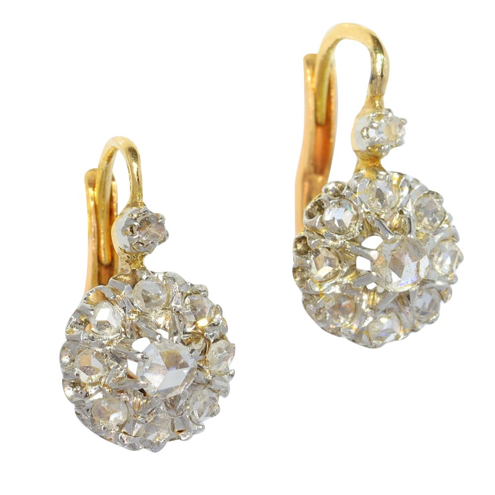 Antique French Rose Cut Diamond Cluster Drop Earrings