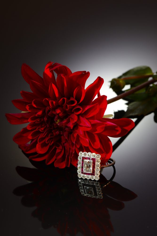 Art Deco Diamond and Ruby Engagement Ring in Platinum