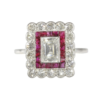 Art Deco Diamond and Ruby Engagement Ring in Platinum