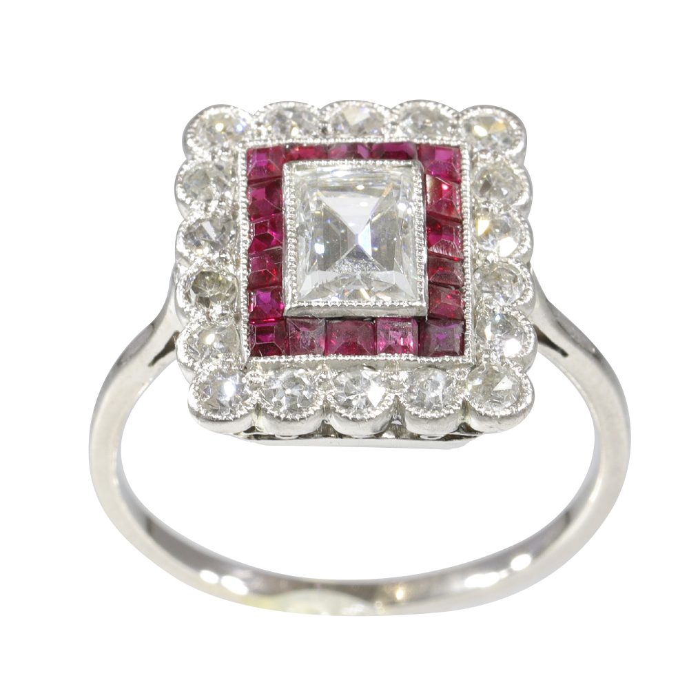 Art Deco Diamond and Ruby Engagement Ring in Platinum