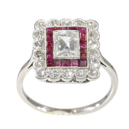 Art Deco Diamond and Ruby Engagement Ring in Platinum