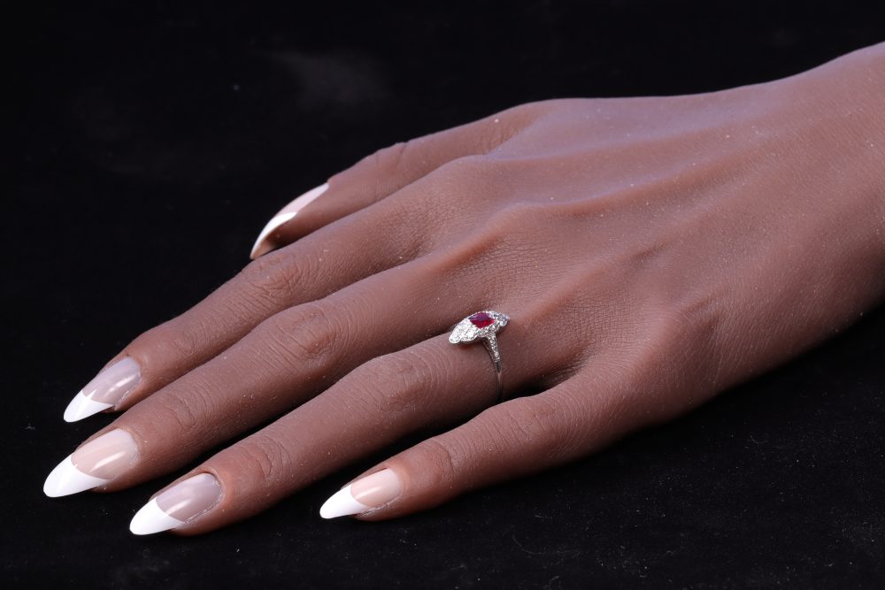 Art Deco Pigeon Blood Red Ruby and Diamond Navette Cluster Ring