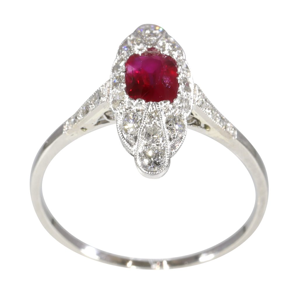 Art Deco 1920s Ruby and Diamond Marquise Shape Engagement Ring