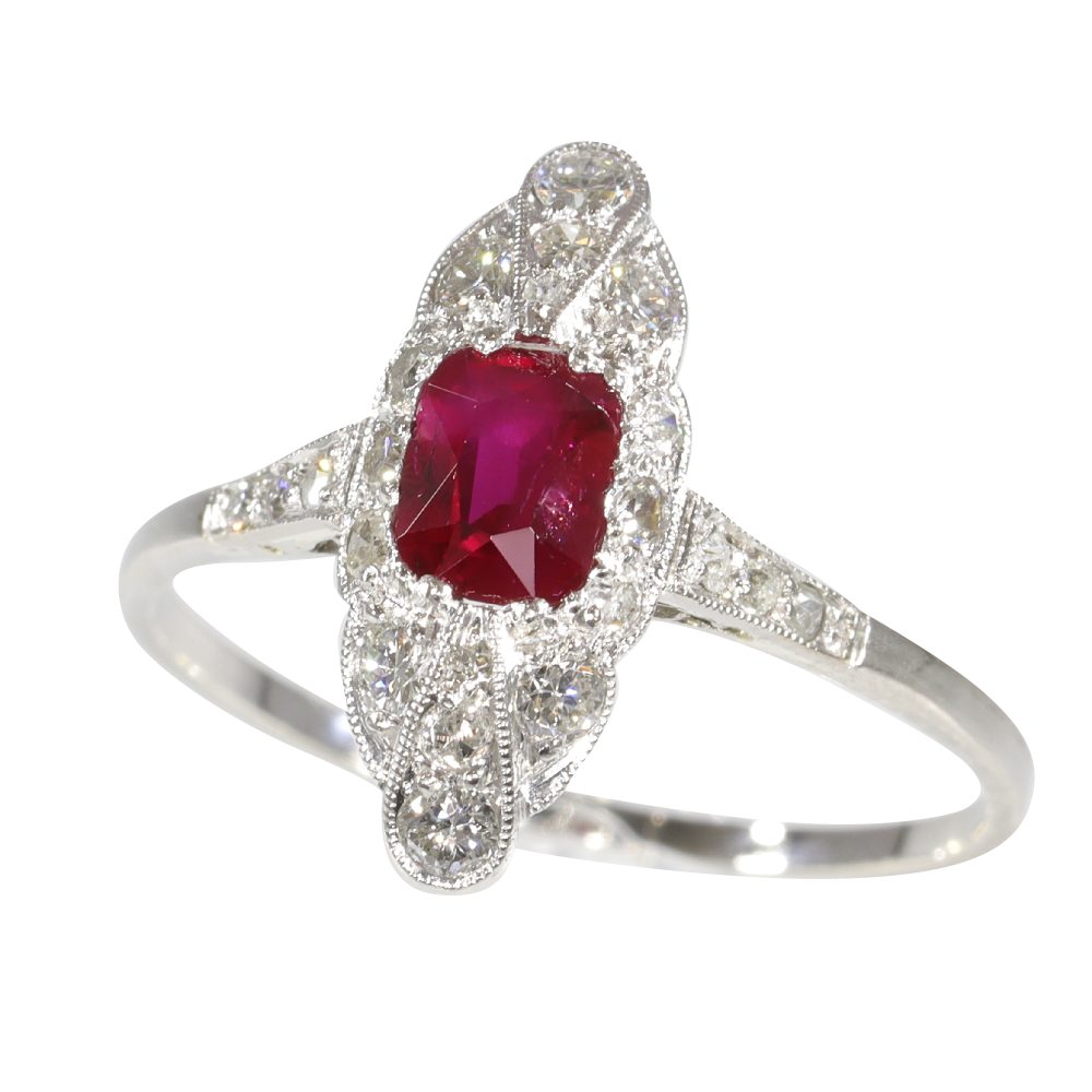 Art Deco 1920s Ruby and Diamond Marquise Shape Engagement Ring