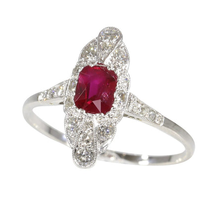 Art Deco 1920s Ruby and Diamond Marquise Shape Engagement Ring