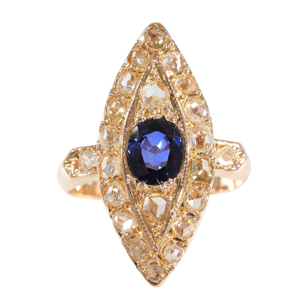 Antique Sapphire and Diamond Marquise Cluster Ring