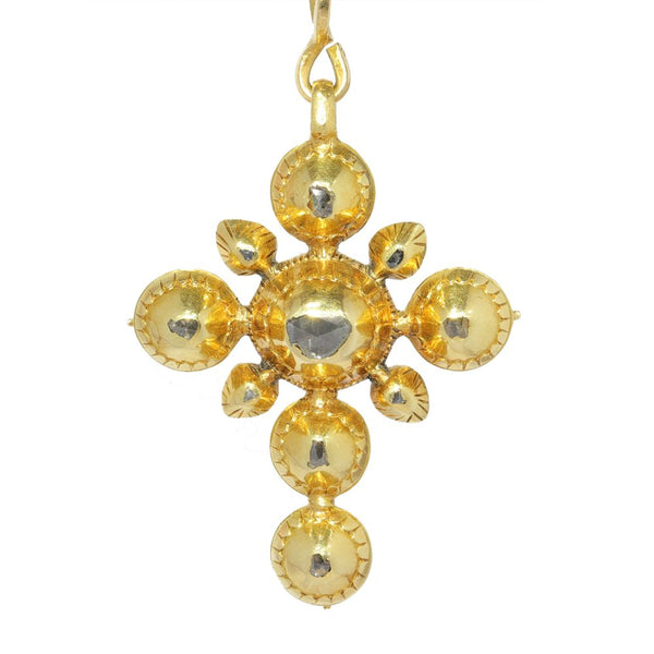 Antique Rococo Rose Cut Diamond Gold Cross Pendant