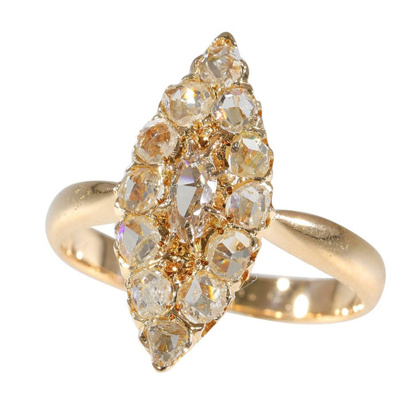Victorian Antique Rose Cut Diamond Navette Cluster Ring, 18ct gold marquise shaped cluster ring set with sparkling rose-cut diamonds, Late 19th century Circa 1890