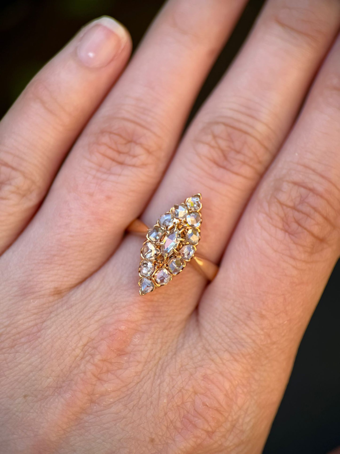 Victorian Antique Rose Cut Diamond Navette Cluster Ring
