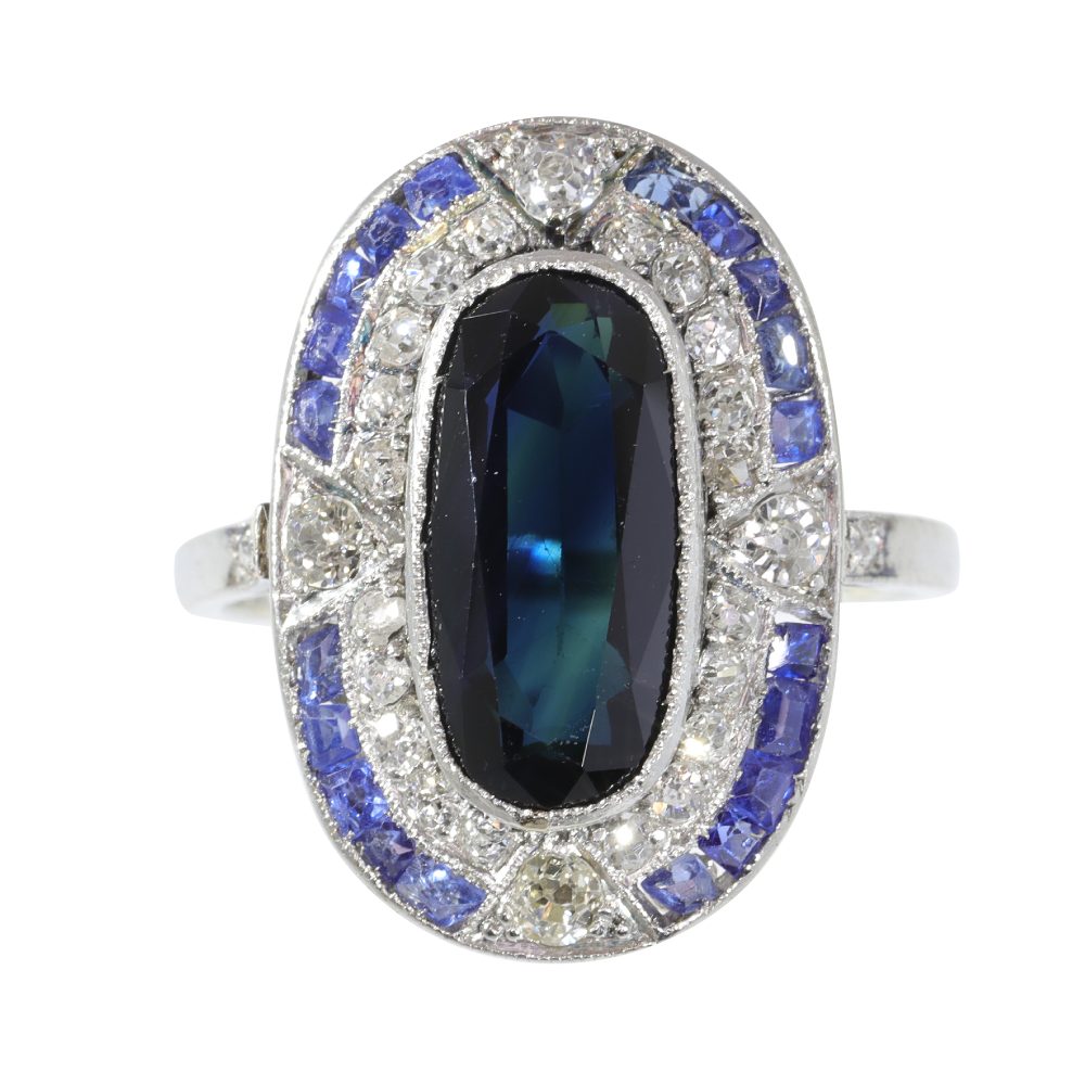 Art Deco 4ct Oval Sapphire and Diamond Cluster Dress Ring