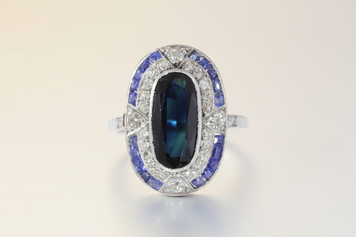 Art Deco 4ct Oval Sapphire and Diamond Cluster Dress Ring