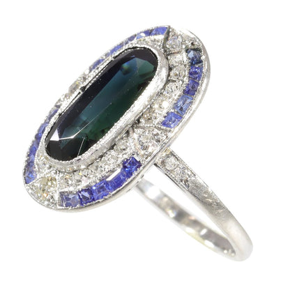 Art Deco 4ct Oval Sapphire and Diamond Cluster Dress Ring