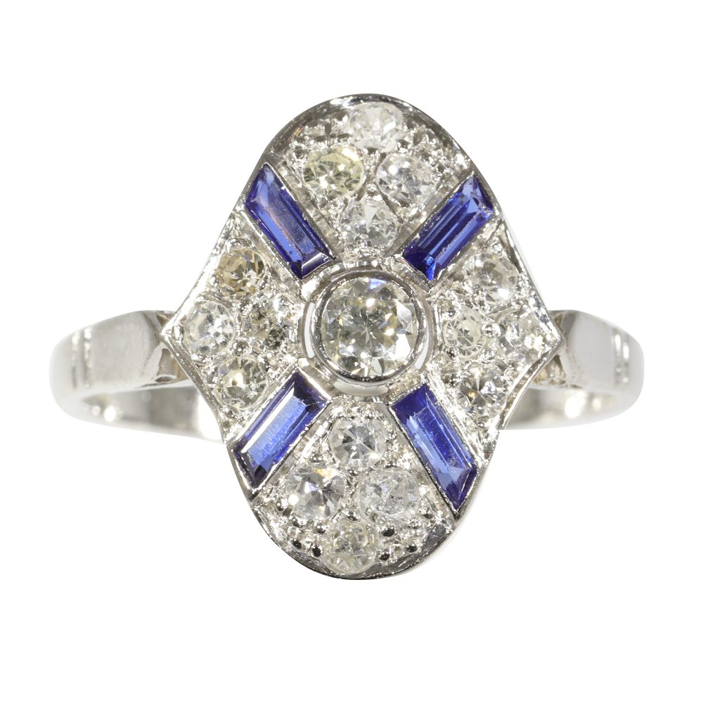 Art Deco Old Cut Diamond and Sapphire Cluster Dress Ring