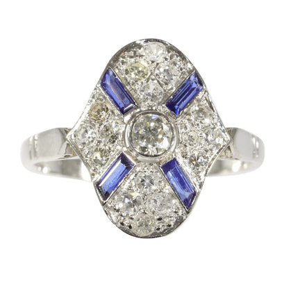 Art Deco Old Cut Diamond and Sapphire Cluster Dress Ring