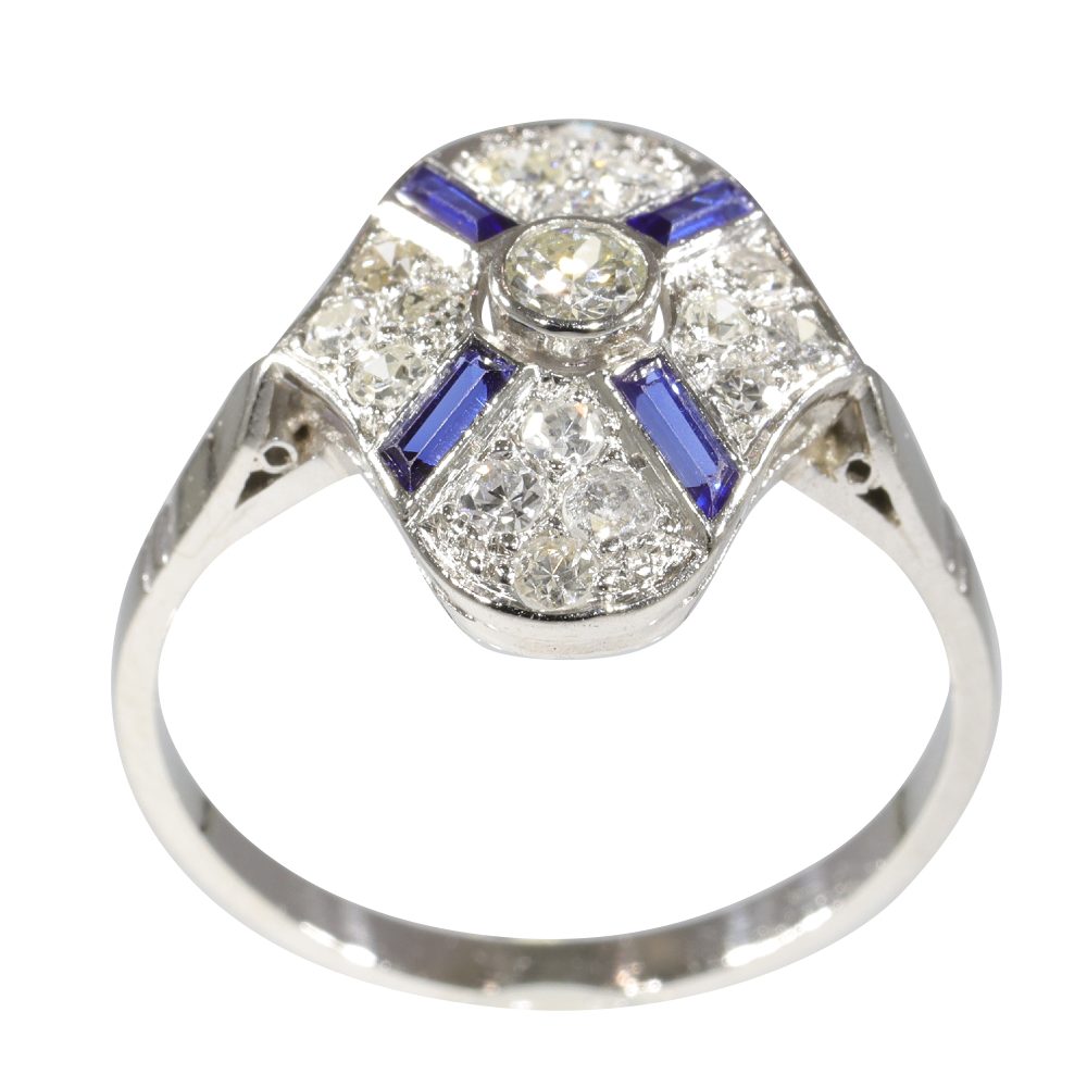 Art Deco Old Cut Diamond and Sapphire Cluster Dress Ring