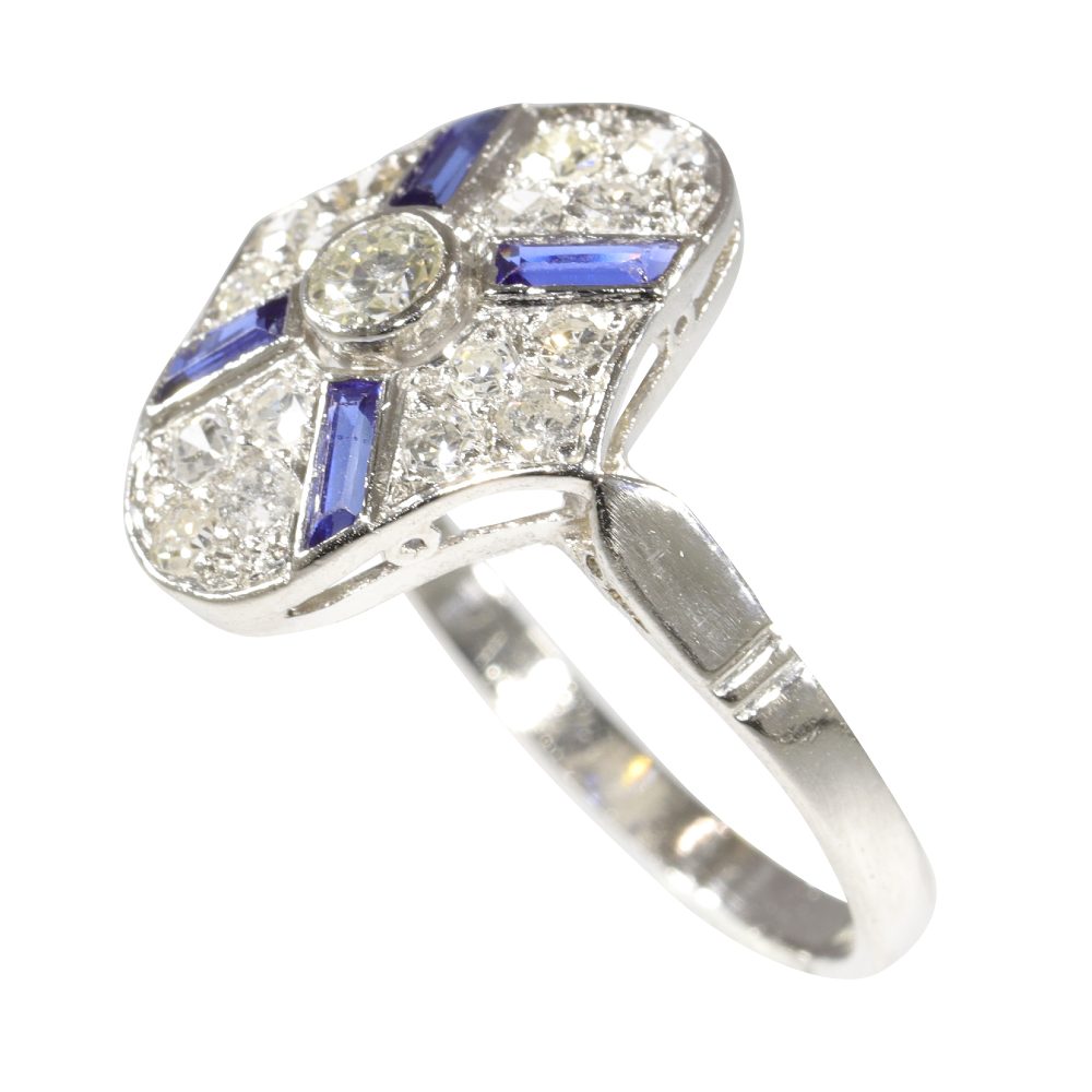 Art Deco Old Cut Diamond and Sapphire Cluster Dress Ring