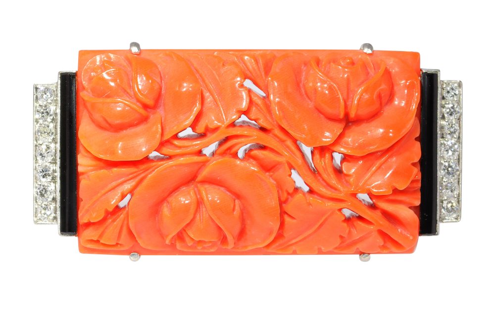 Art Deco Carved Coral Brooch with Onyx and Diamonds