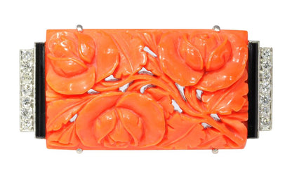 Art Deco Carved Coral Brooch with Onyx and Diamonds