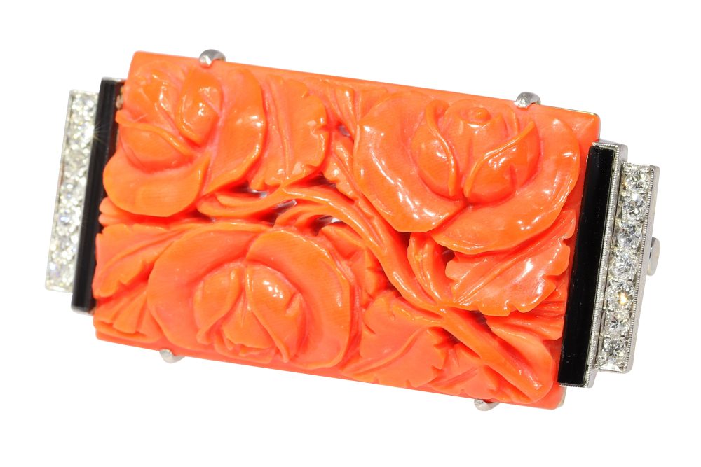 Art Deco Carved Coral Brooch with Onyx and Diamonds