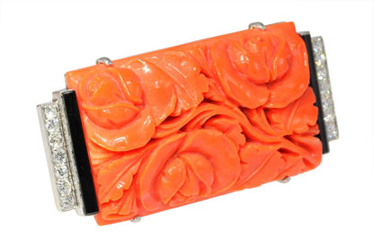 Art Deco Carved Coral Brooch with Onyx and Diamonds