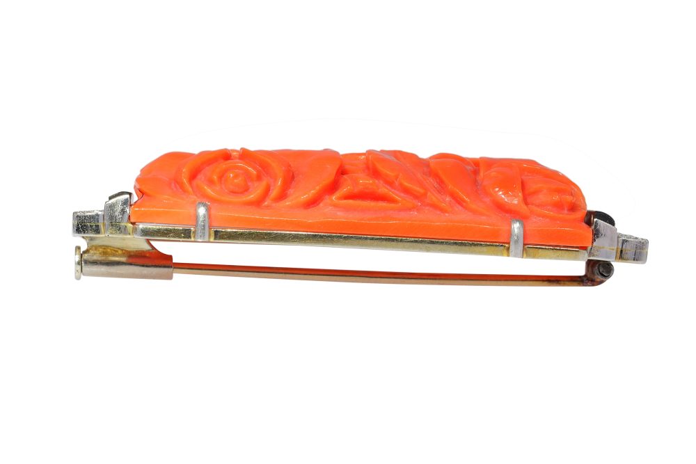 Art Deco Carved Coral Brooch with Onyx and Diamonds