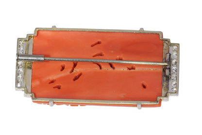 Art Deco Carved Coral Brooch with Onyx and Diamonds