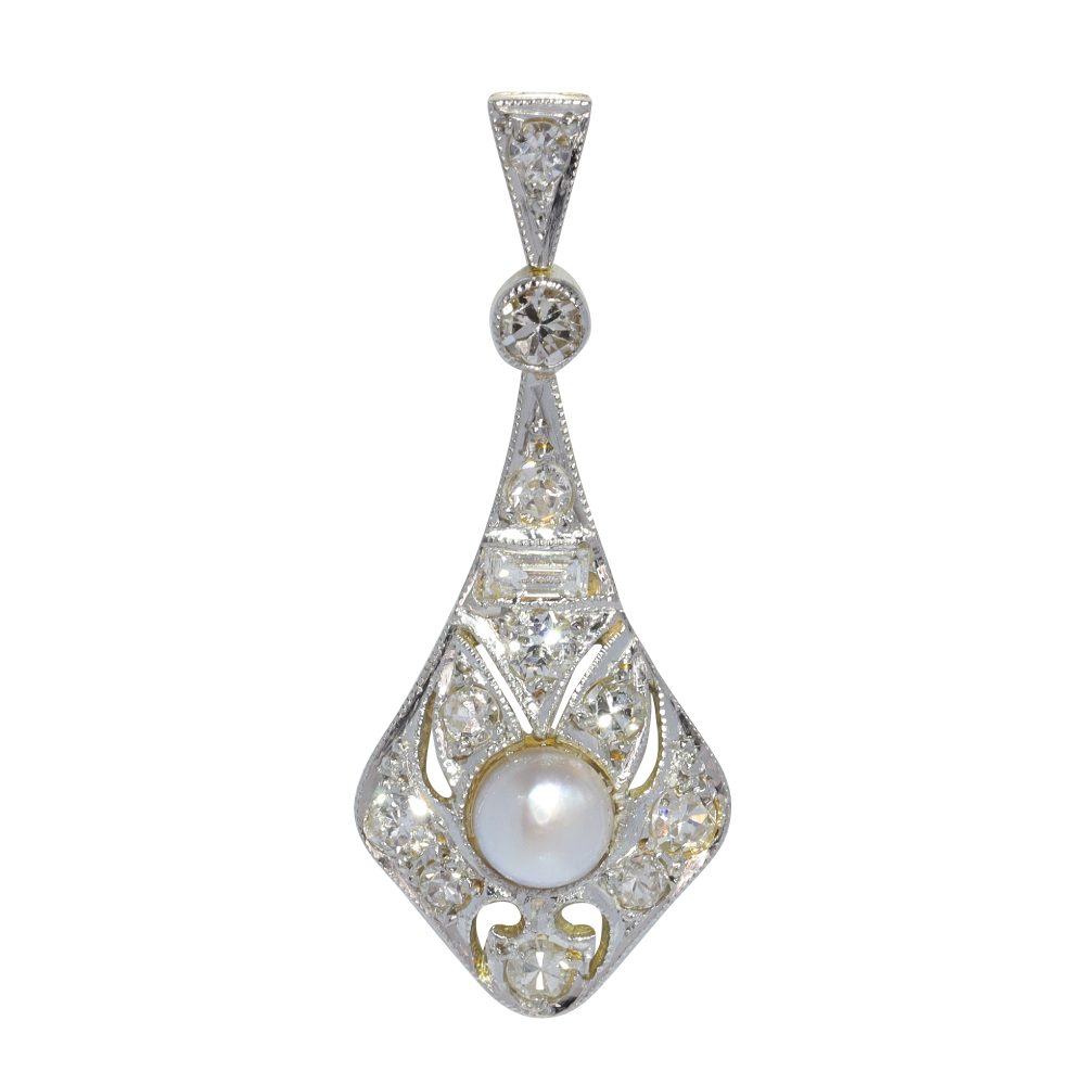 Art Deco Pearl and Diamond Cluster Drop Pendant
