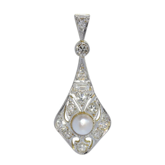 Art Deco Pearl and Diamond Cluster Drop Pendant