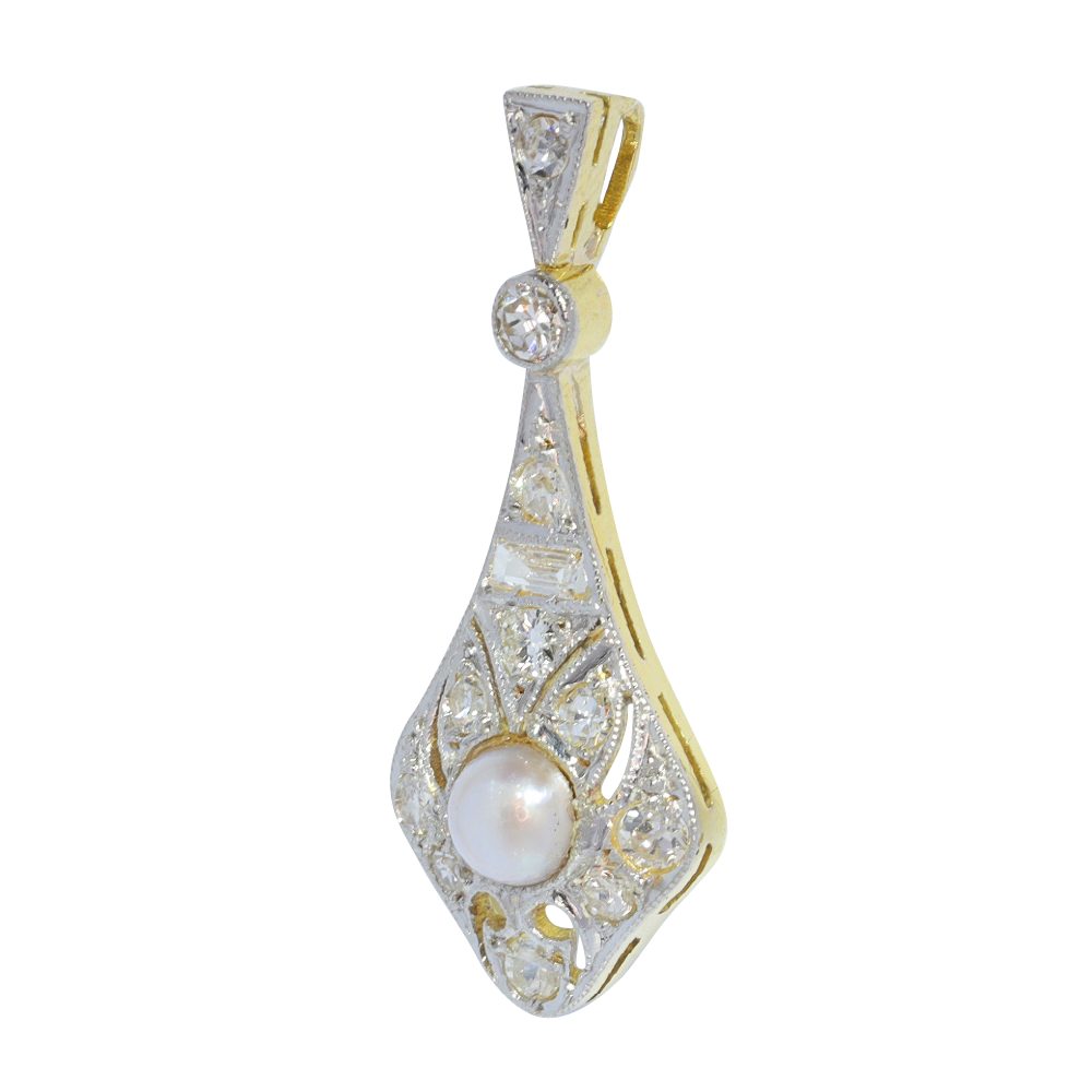 Art Deco Pearl and Diamond Cluster Drop Pendant