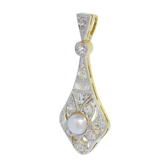 Art Deco Pearl and Diamond Cluster Drop Pendant