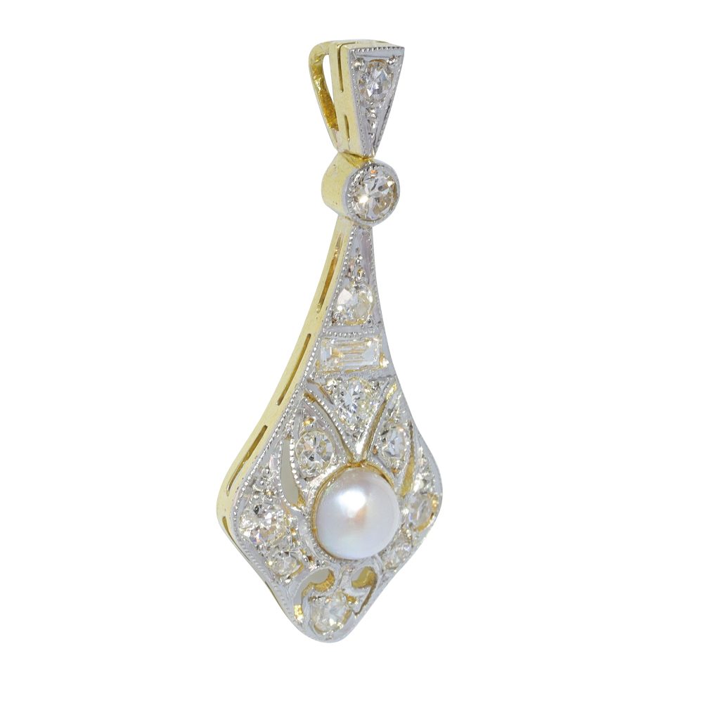Art Deco Pearl and Diamond Cluster Drop Pendant