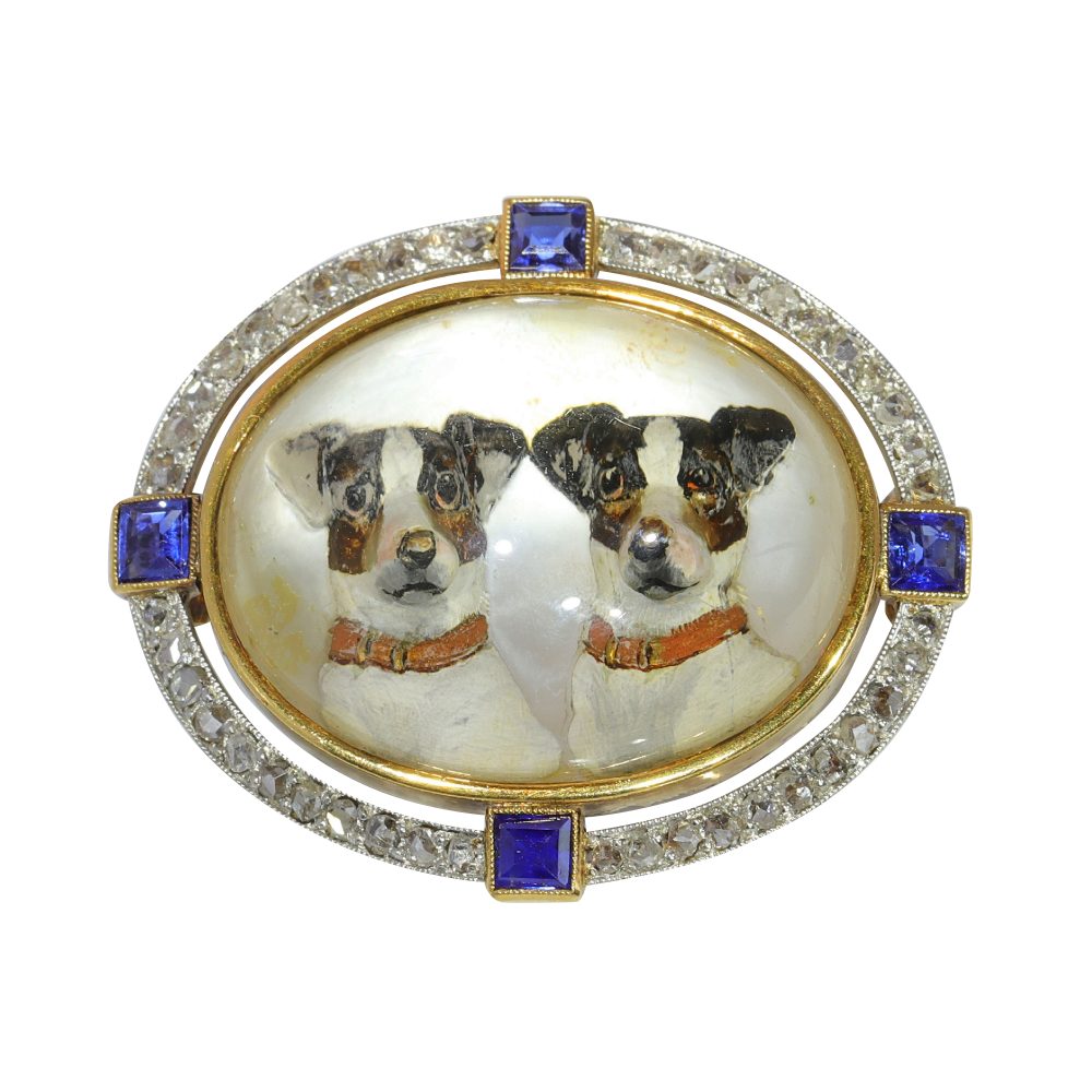 Art Deco Essex Crystal Jack Russell Brooch with Diamonds and Sapphires