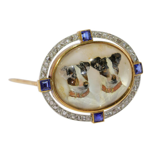 Art Deco Essex Crystal Jack Russell Brooch with Diamonds and Sapphires