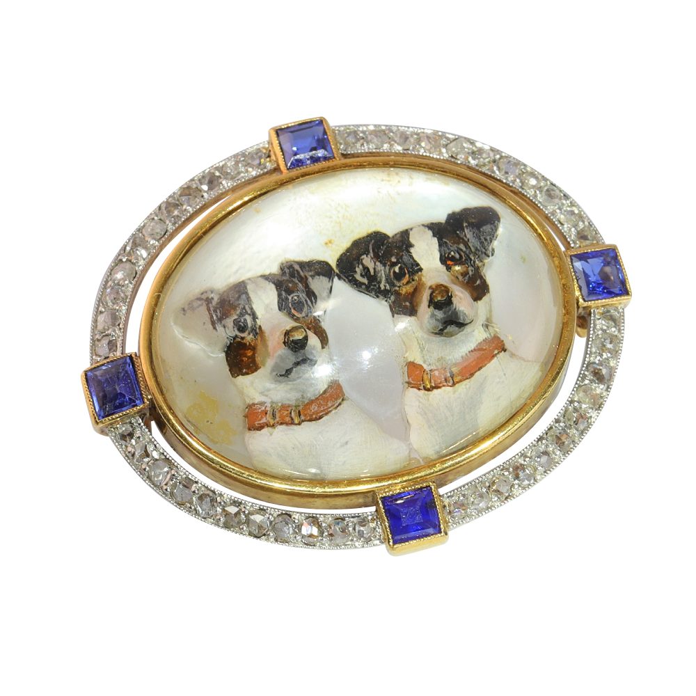 Art Deco Essex Crystal Jack Russell Brooch with Diamonds and Sapphires