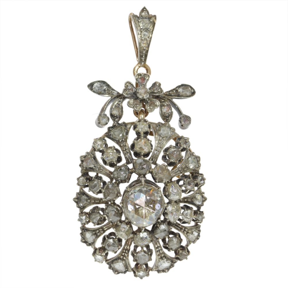 Victorian Antique Rose Cut Diamond Cluster Pendant Brooch