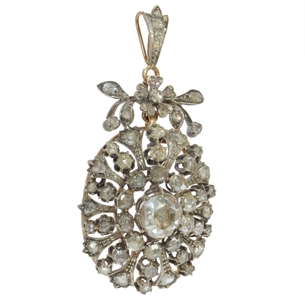 Victorian Antique Rose Cut Diamond Cluster Pendant Brooch