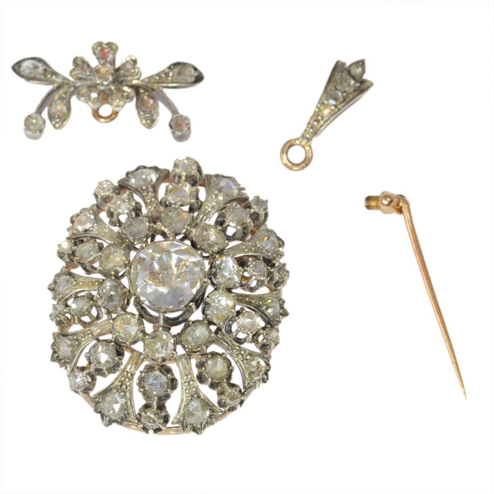 Victorian Antique Rose Cut Diamond Cluster Pendant Brooch