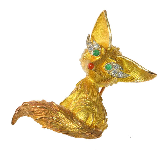 Vintage French 1950s Gem Set 18ct Yellow Gold Fox Brooch