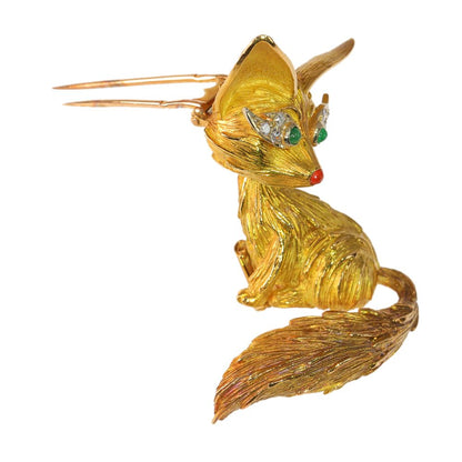 Vintage French 1950s Gem Set 18ct Yellow Gold Fox Brooch